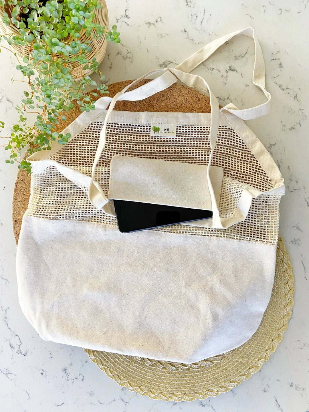 ME Mother Earth Organic Half Mesh Market Tote with Phone Pocket